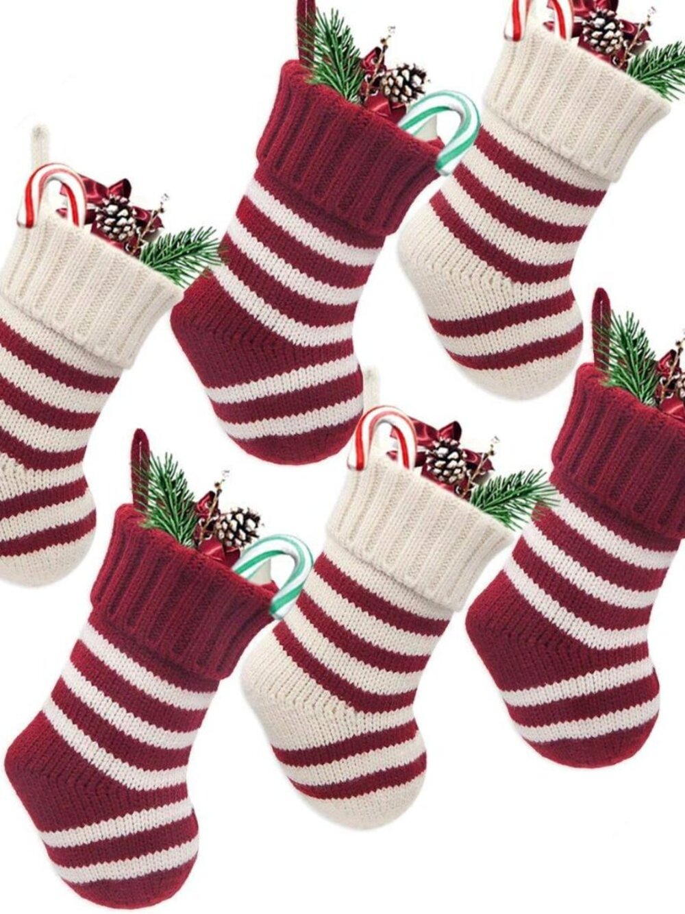 Christmas Mini Stockings, 6 Pack 9 inches Knitted Knit Stripe Rustic Holiday Dec